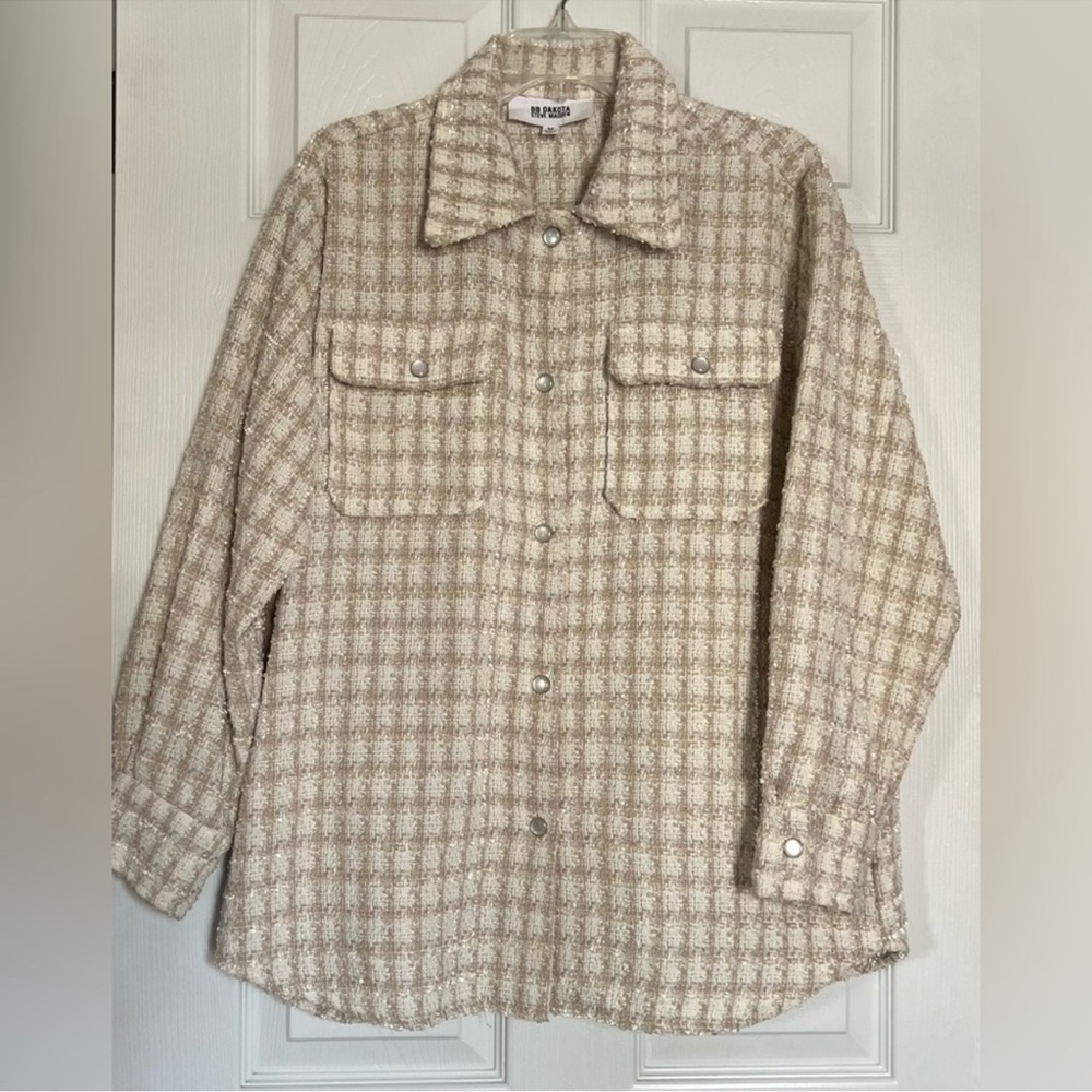 BB DAKOTA STEVE MADDEN Tweed Nevermind Boucle Snap Shirt Jacket Cream Tan Med - Picture 5 of 15